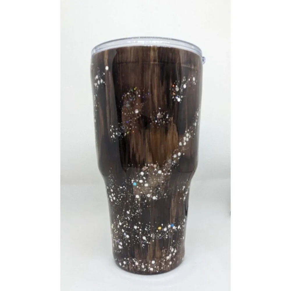 Handpainted Woodgrain Resin Tumbler - Dark Brown & Silver Glitter,  30oz, New